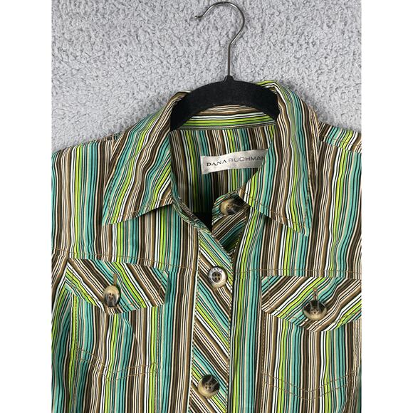 Dana Buchman Women Size 4 Silk Green Brown Blue Striped Button Up - Picture 3 of 12